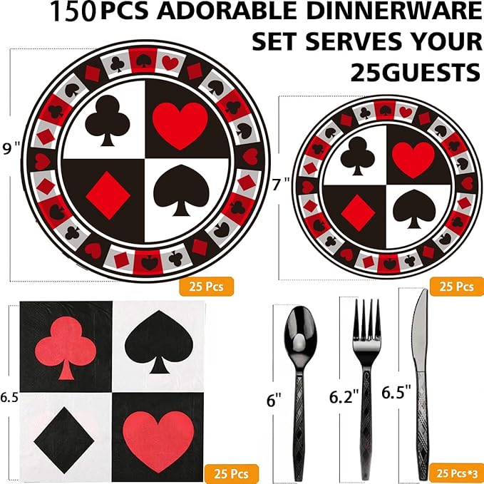 150Pcs Casino Poker Party Supplies 9 & 7 Poker Paper Plates &