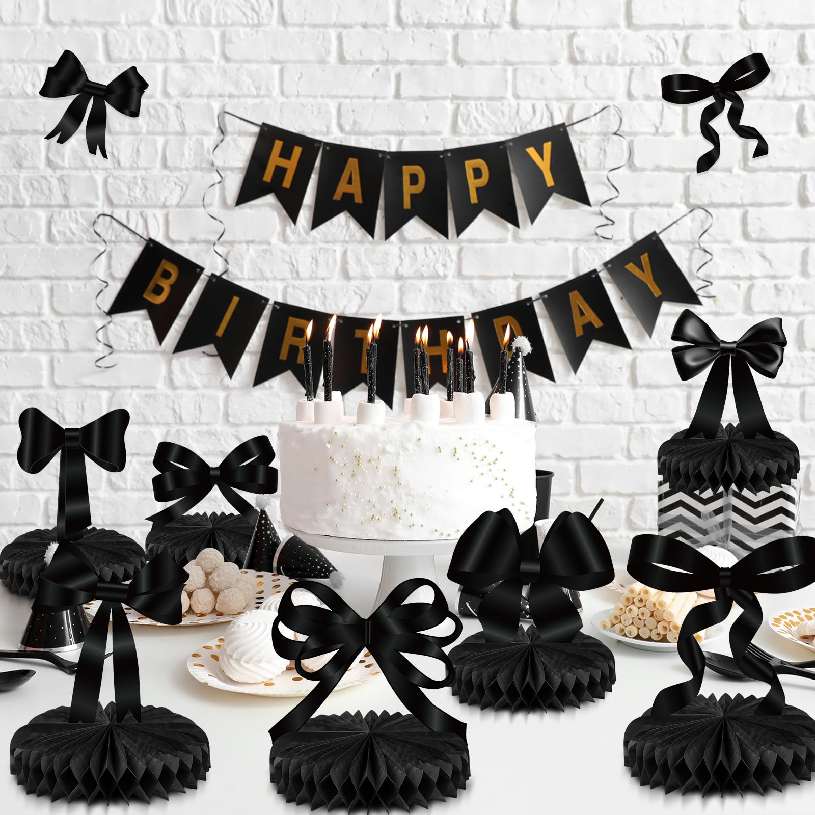 Containlol 9 Pcs Black Bow Birthday Party Decorations Bow Honeycomb