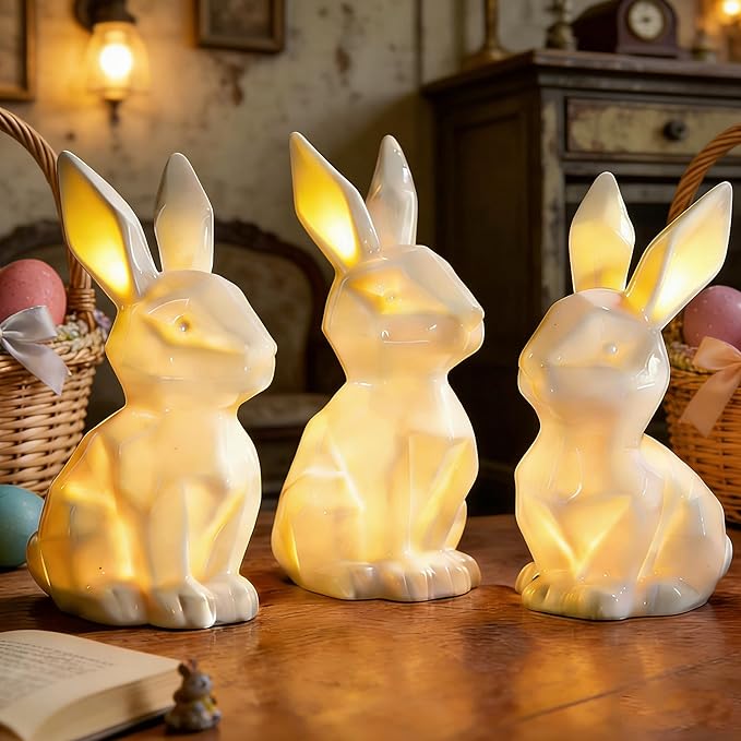3 Pack Easter Bunny Decorations Ceramic White Rabbit Statues