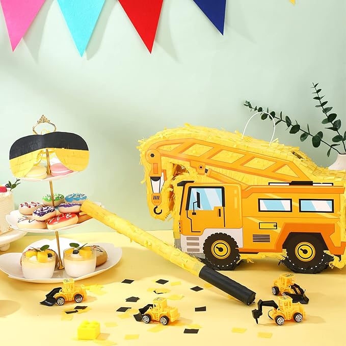 Construction Truck Piñata with Blindfold Bat and Confetti