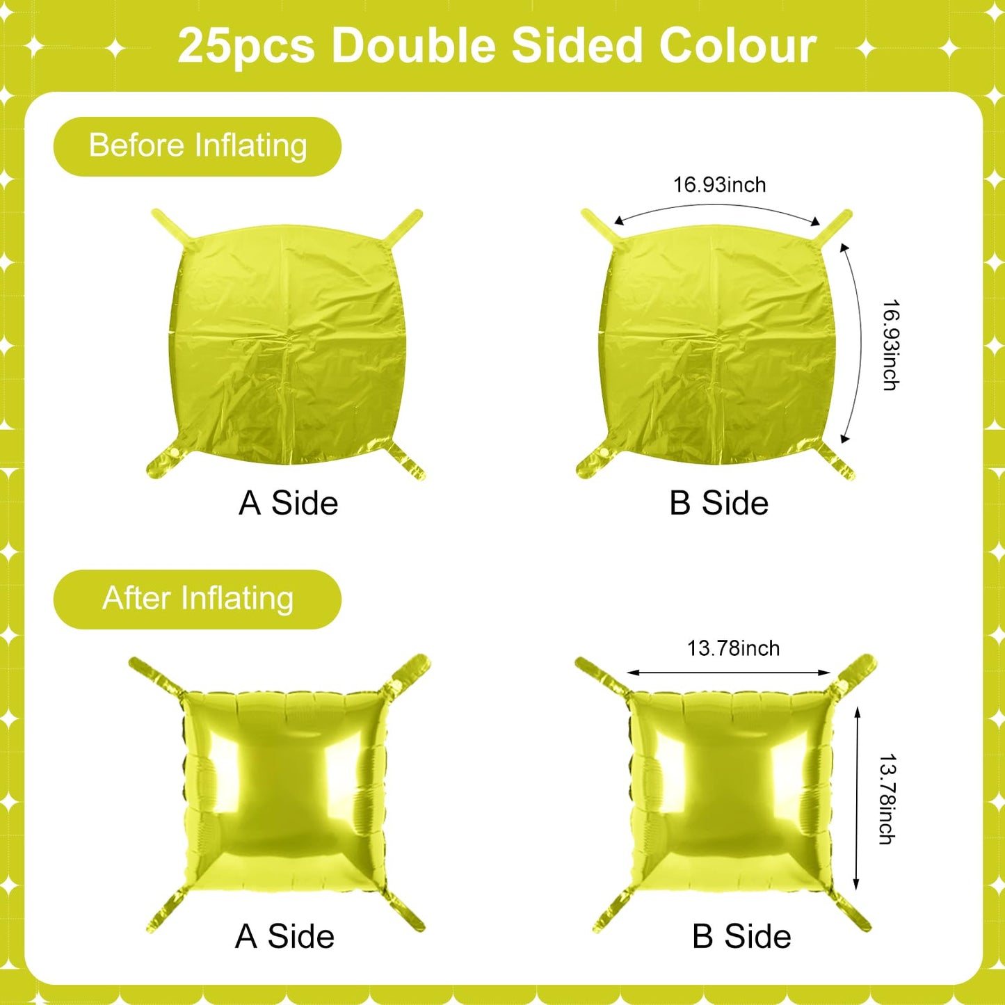Lemon Green Square Foil Balloons 25 Pcs Metallic Lemon Green Balloons