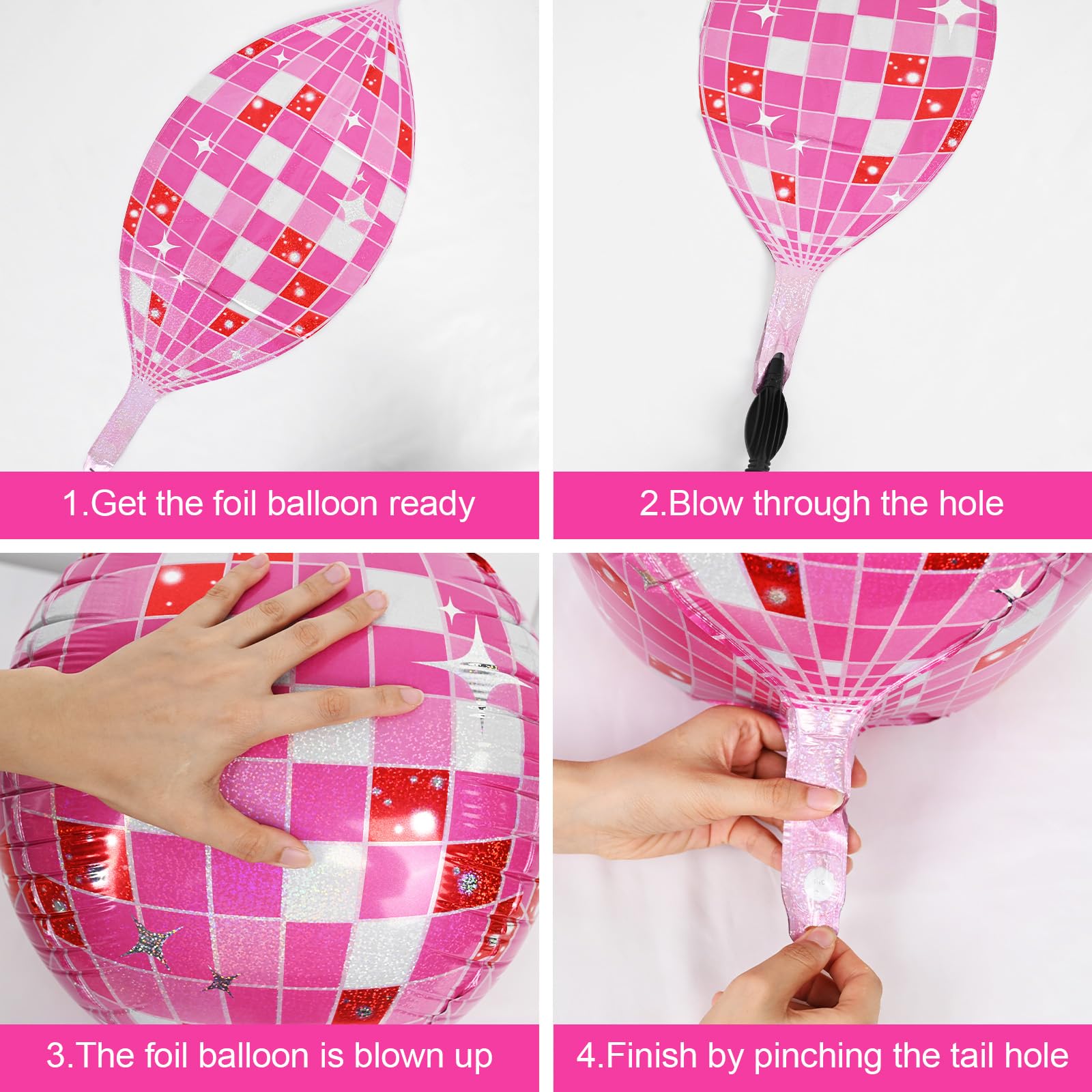Disco Ball Balloons Pink 4PC,Foil Disco Balloons 22 Inch 4D Round Pink