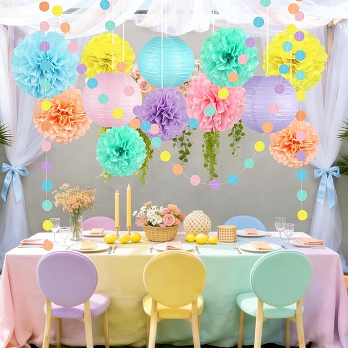 14 Pcs Pastel Party Decorations Kit - Macaron Tissue Paper Pom Poms,