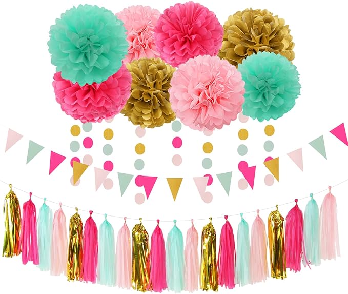 Mint Blush Hot Pink Gold Party Decorations 30pcs Tissue Pom Poms