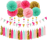 Mint Blush Hot Pink Gold Party Decorations 30pcs Tissue Pom Poms