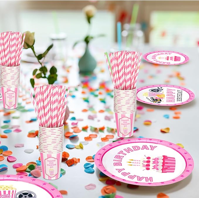 180 Pcs Pink Movie Night Party Supplies Happy Birthday Theme
