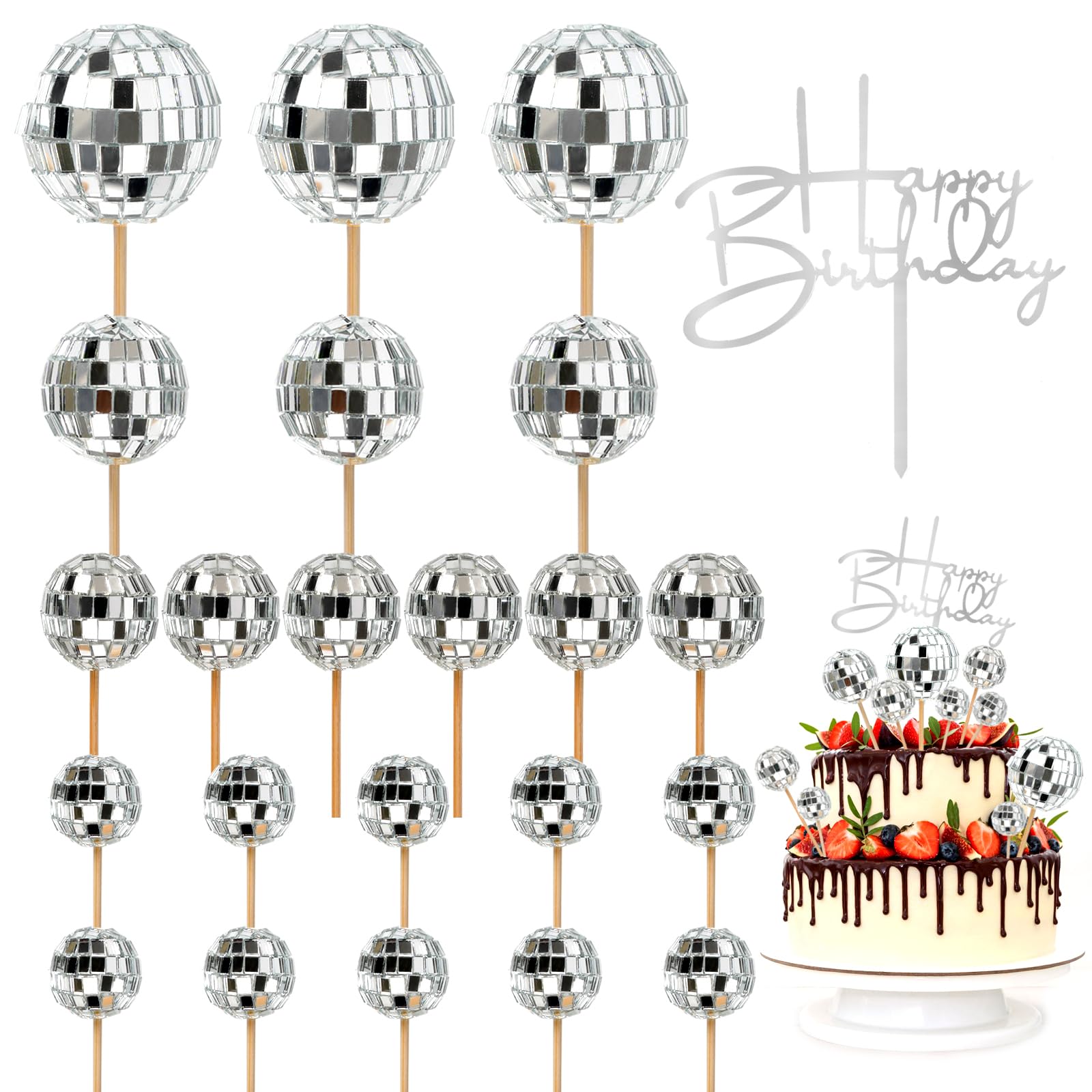 23pcs Disco Ball Cupcake toppers Happy Birthday Cake Topper 1970s