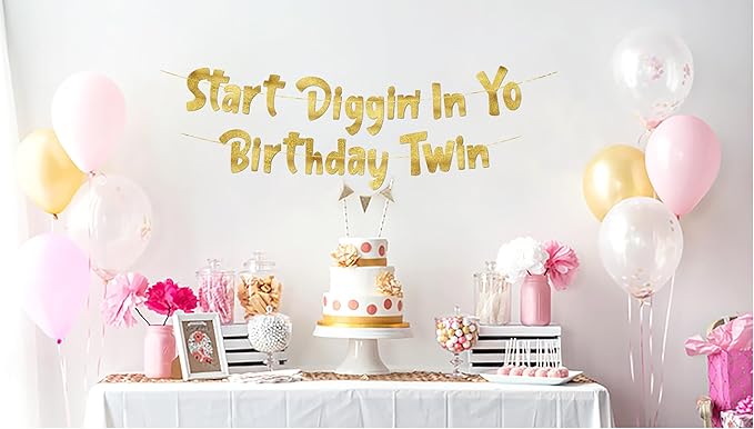 Pre-Strung Start Diggin' In Yo Birthday Twin Gold Glitter Banner -