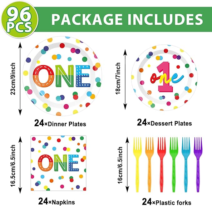 96pcs Rainbow 1st Birthday Plates and Napkins Confetti Happy