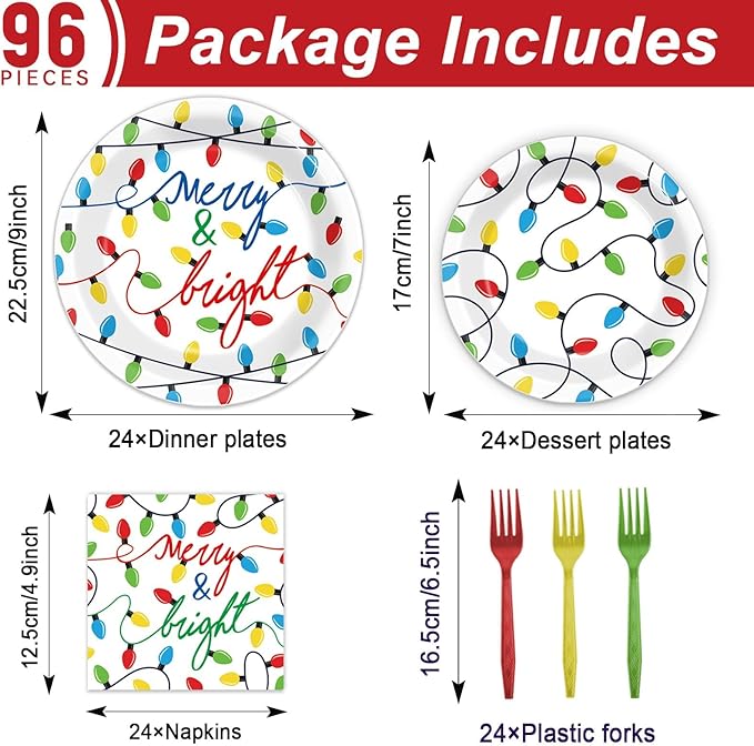 96PCS Merry Christmas Party Tableware Set Christmas Lights Party