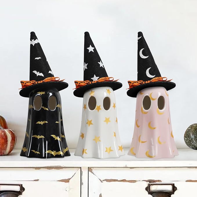 Halloween Decor Indoor Set of 3 Ceramic Ghosts with Witch Hats Cute