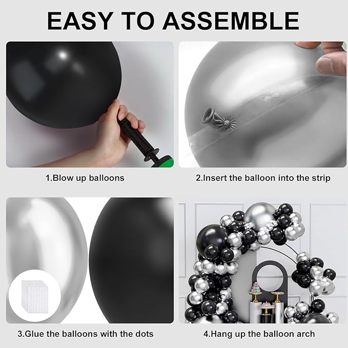 Black and Silver Balloons Arch Garland Kit, 134pcs Metallic Chrome