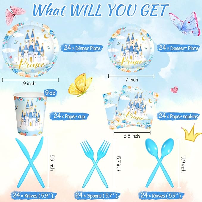 168 Pcs Prince Princess Party Decorations Blue Castle Plates Napkins