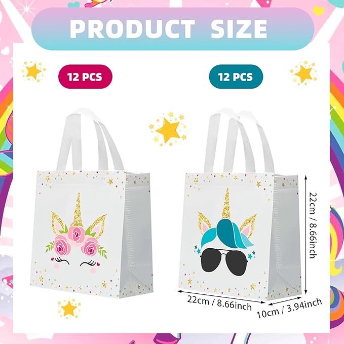 24 PCS Party Favor Bags for Unicorn with Handles Reusable Non Woven