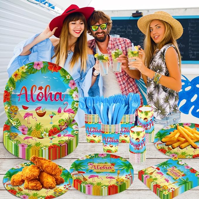 140Pcs Hawaiian Aloha Party Supplies Tableware Set Luau Tropical