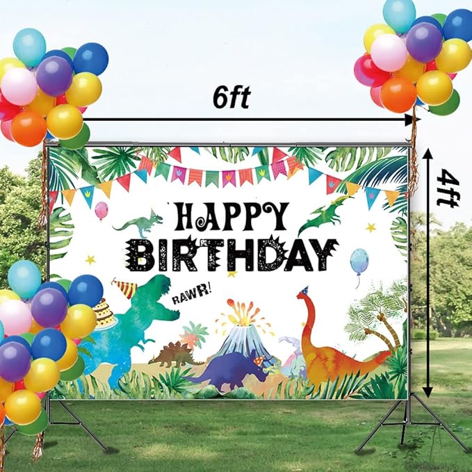 Illiyot Funny Dinosaur Birthday Backdrop 6x3.5ft, Watercolor Dinosaur