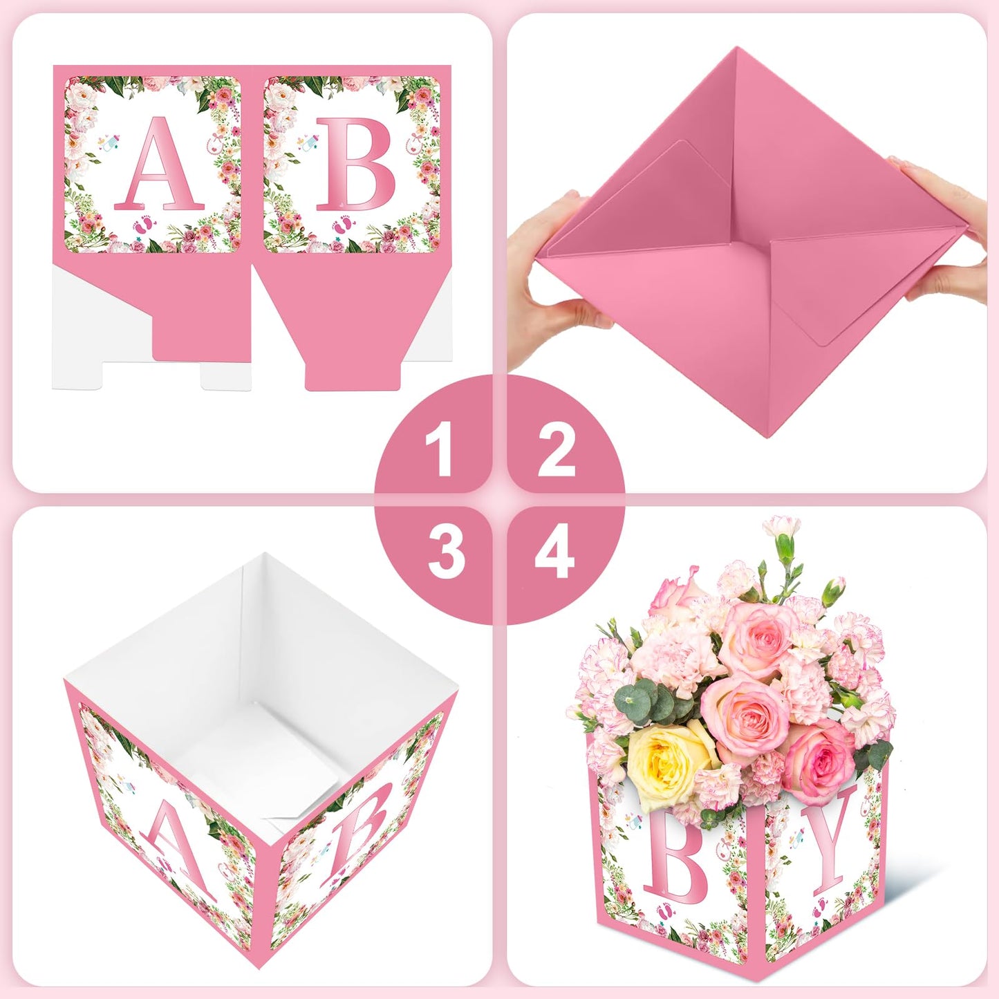 Jremreo 6 Pack 7x7x7 Inches Pink Floral Baby Shower Centerpiece Boxes