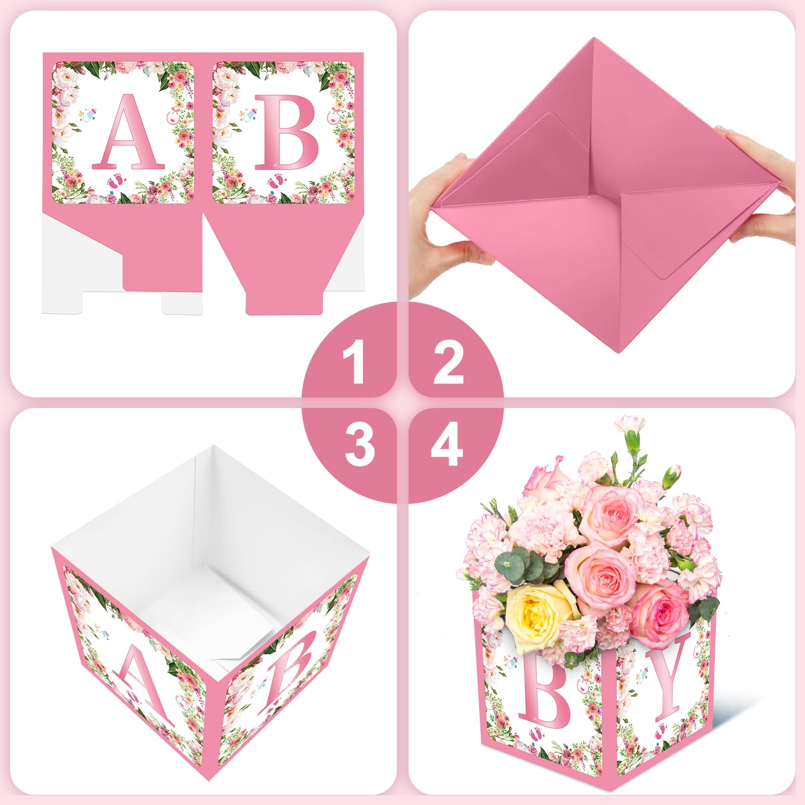 Jremreo 6 Pack 7x7x7 Inches Pink Floral Baby Shower Centerpiece Boxes