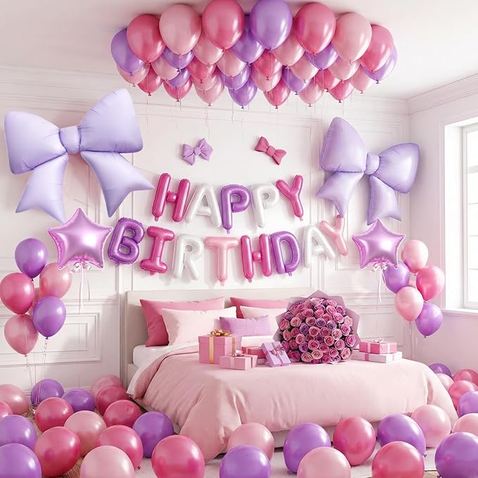 Pink Purple Happy Birthday Balloon, 38Inch Bow Aluminum Foil