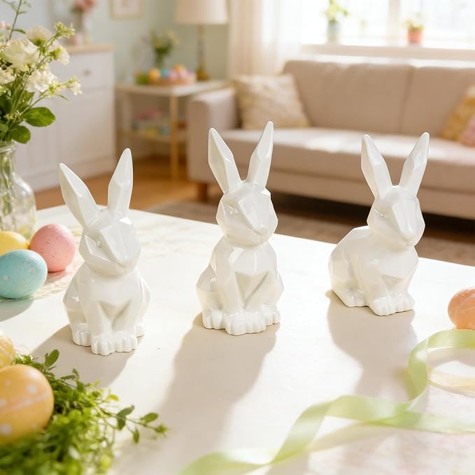 3 Pack Easter Bunny Decorations Ceramic White Rabbit Statues