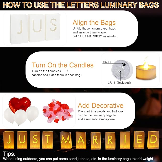 Just Married Luminary Paper Bags with LED Tea Lights Flameless
