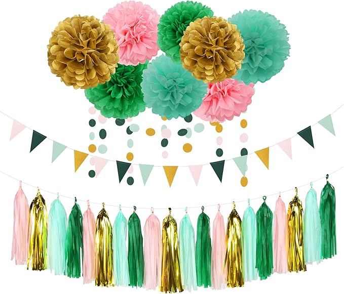 Sage-Green Pink-Gold Baby Bridal-Shower Decorations - 30pcs Rustic