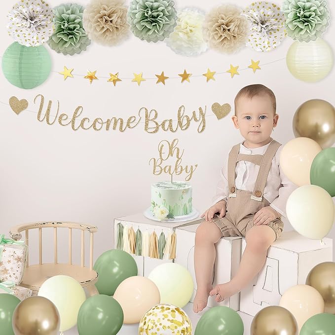 Amandir Baby Shower Decorations Sage Green Balloons Welcome Baby