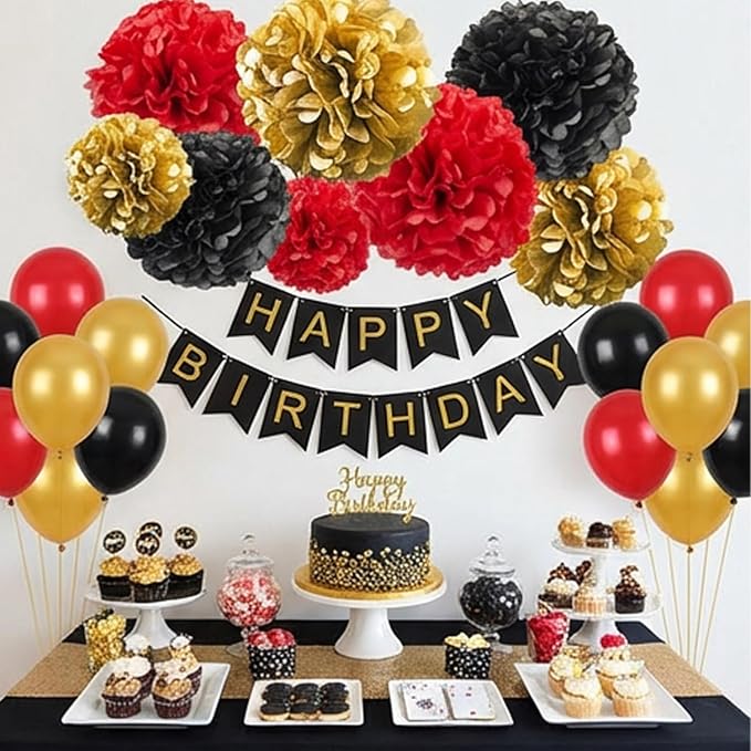 12pcs Black,Red and Gold Paper Pom Poms,Hanging Ceiling Tissue