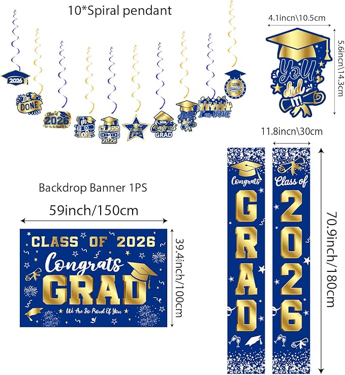 Graduation Decorations 2026 Blue and Gold Set, Congrats Grad Decor