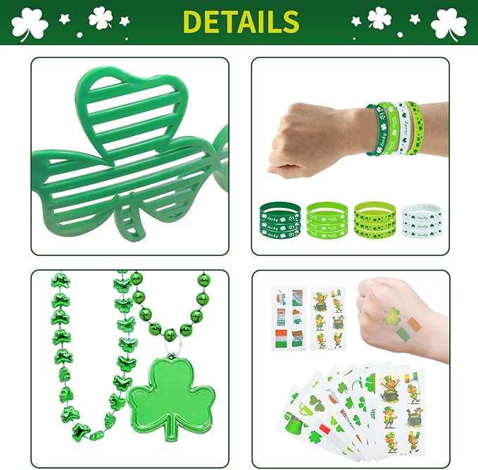 96Pcs St Patricks Day Party Favors Set Shamrock Glasses Necklaces