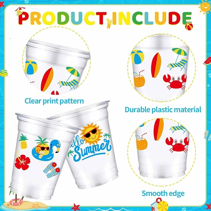 50 Summer Pool Party Cups 12 oz Hello Summer Party Decorations