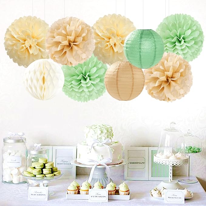 Sage Green Boho Party Decorations Paper Flowers Lanterns