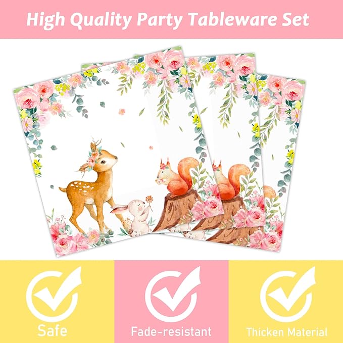 96PCS Woodland Baby Shower Tableware Set Girls Pink Safari