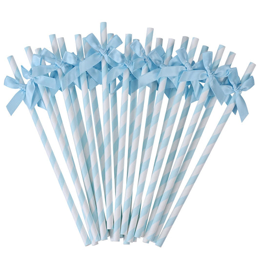 Nicime 50pcs Blue Bow Straw, 7.7inch Biodegradable Cute Girly Paper