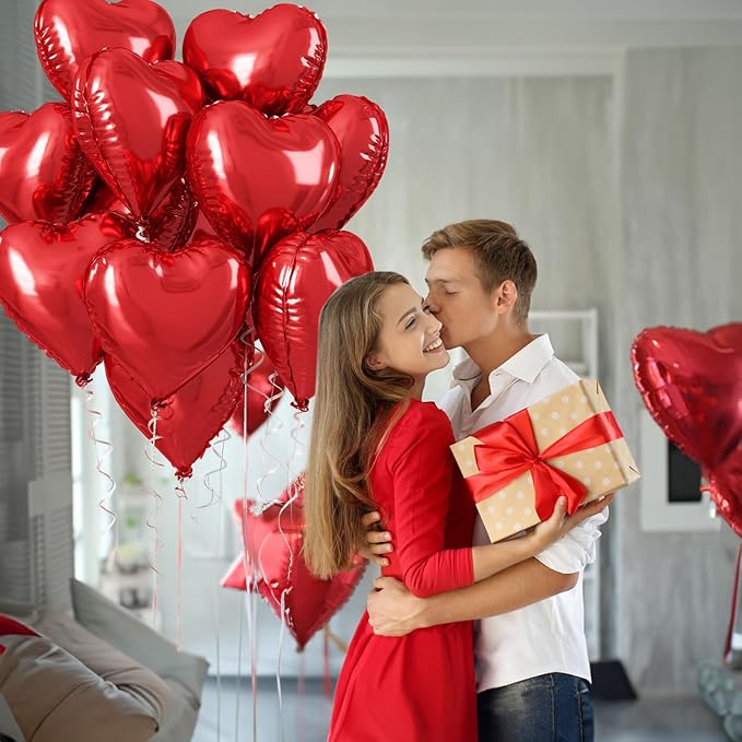 Red Heart Balloons, 18 Inch Metallic Red Foil Balloon Helium 10Pcs