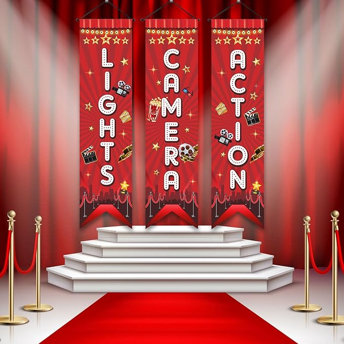 Tegeme Movie Night Porch Sign Banner Movie Theme Party Decorations