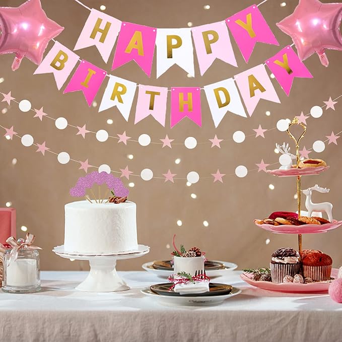 Pink Gold Birthday Party Decorations, Happy Birthday Banner, Pink