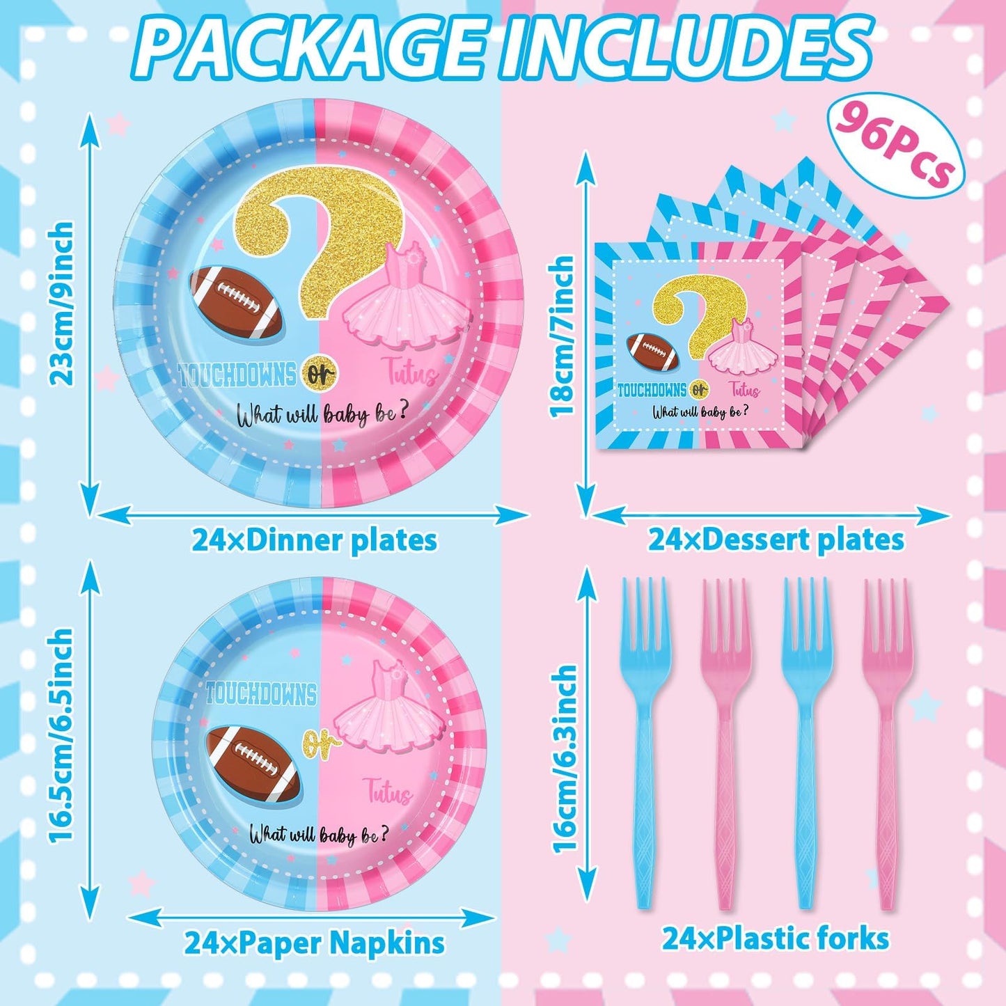 96Pcs Gender Reveal Party Supplies Touchdown or Tutus Gender Reveal