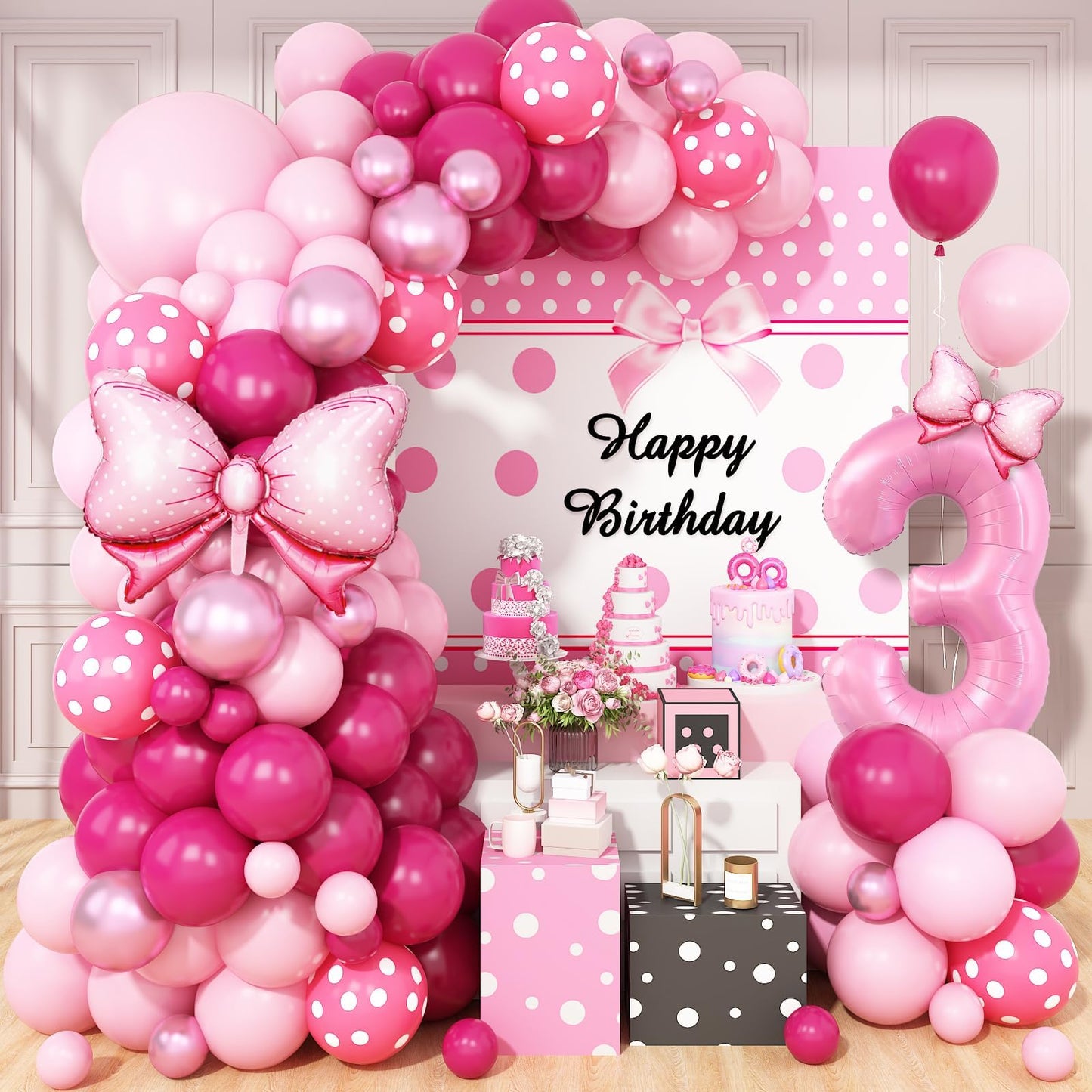 Pink 3rd Birthday Balloons Decorations, Hot Pink Rose Polka Dots