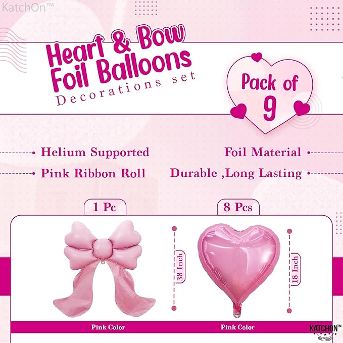 KatchOn, Heart & Bow Balloons Set Pack of 9 Pink | Valentines Day