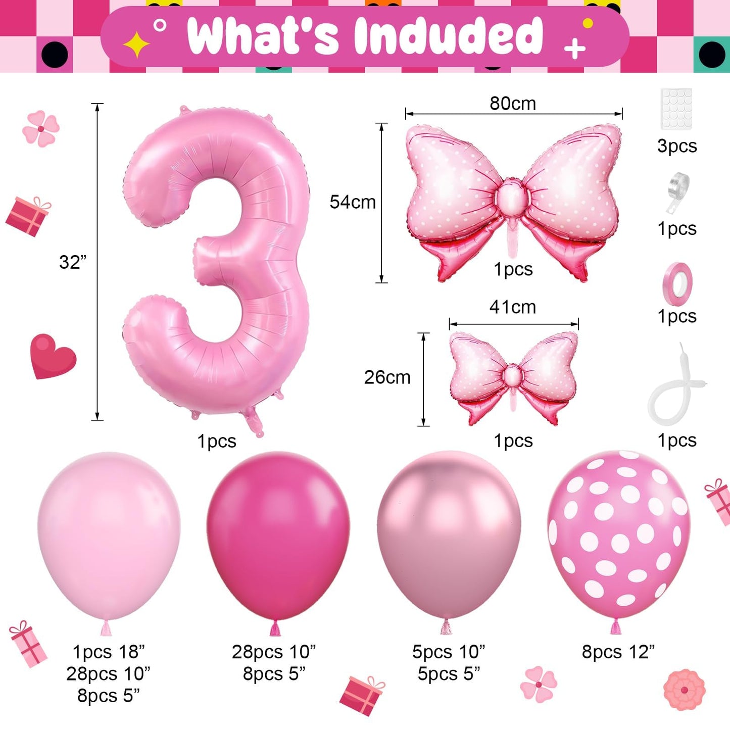 Pink 3rd Birthday Balloons Decorations, Hot Pink Rose Polka Dots