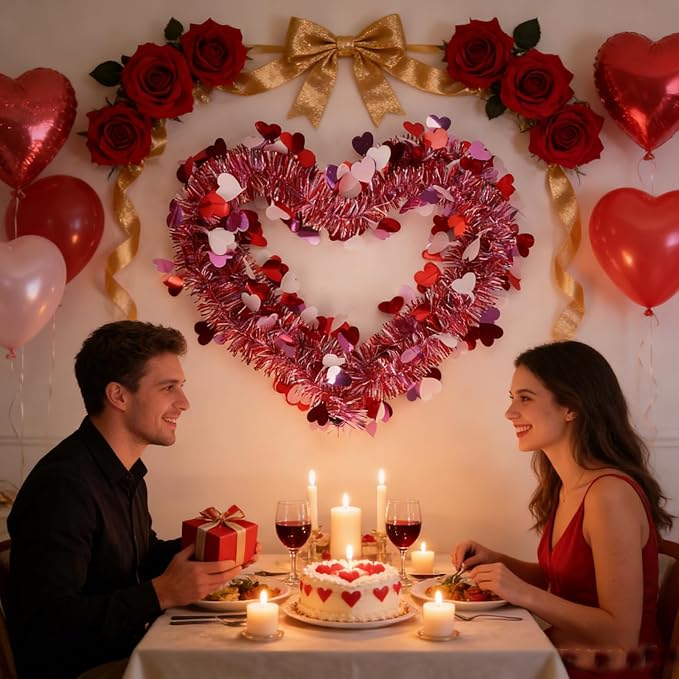 Valentines Day Garland with Hearts 50 Ft Pink Red Glitter Tinsel