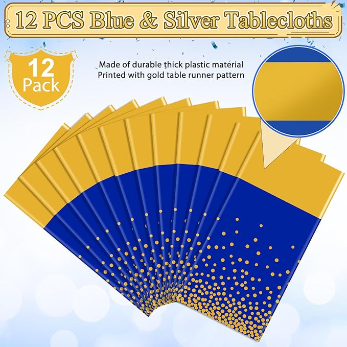 12Pcs Blue Gold Tablecloth Party Decorations,Plastic Royal Blue Table
