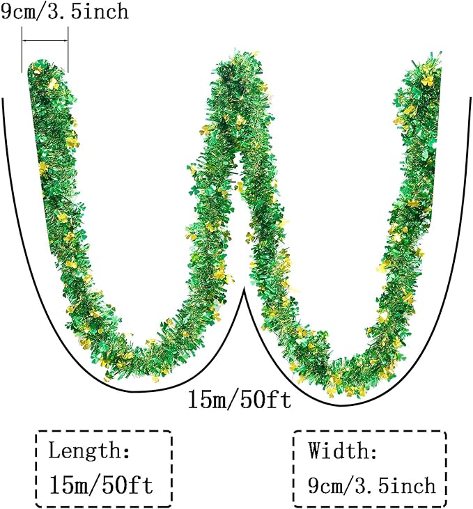 St Patricks Day Garland Decor 50Ft Glitter Tinsel Irish Shamrock