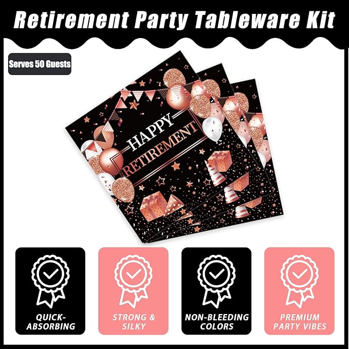 200Pcs Retirement Party Plates and Napkins Set Rose Gold Happy