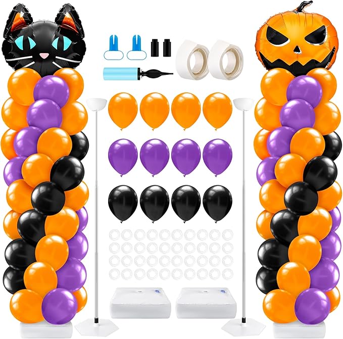 2 Set Halloween Balloon Column Stand Kit with Cat Head Scary Pumpkin