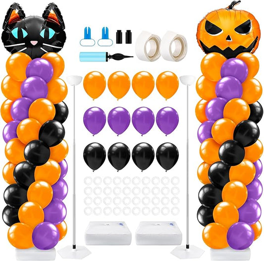 2 Set Halloween Balloon Column Stand Kit with Cat Head Scary Pumpkin