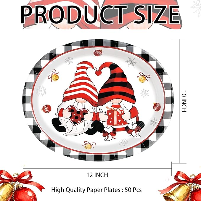 50 PCS Valentine's Day Oval Paper Plates 10 x 12 Gnomes Heart Plates