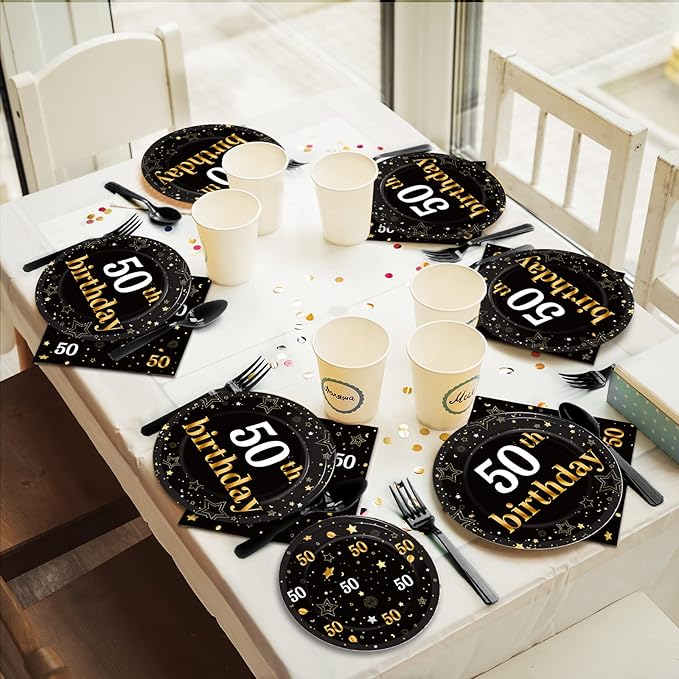 96 Pcs 50th Birthday Party Supplies Paper Plates Napkins Golden