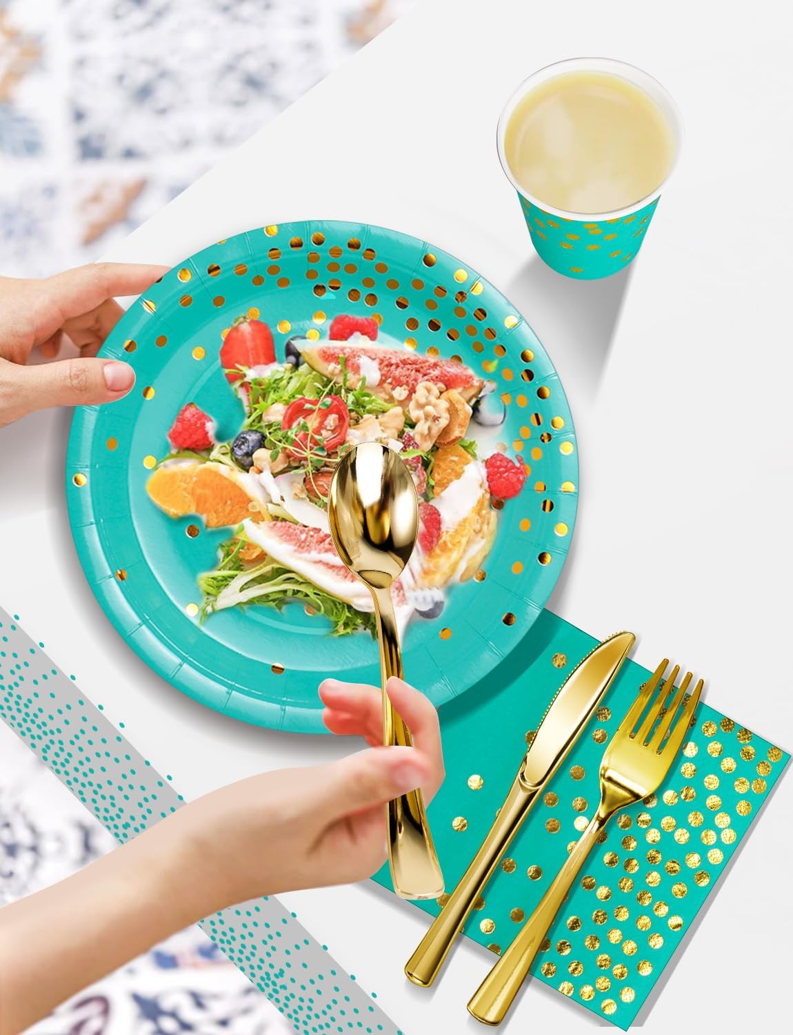 Nkaiso 141 Pieces Blue Green and gold Party Supplies, Disposable Party
